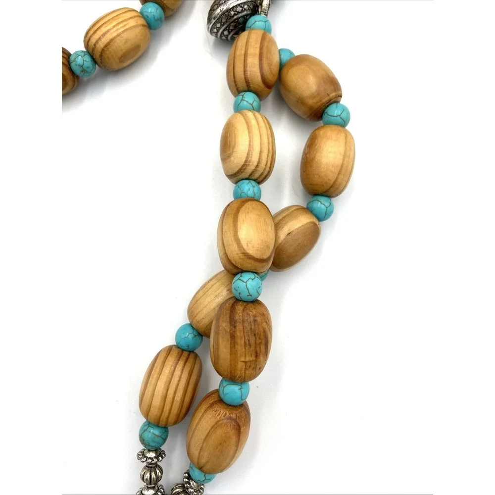 Rosary Wood & Metal Crucifix Cross Silver Toned & Turquoise Colored Beads 32